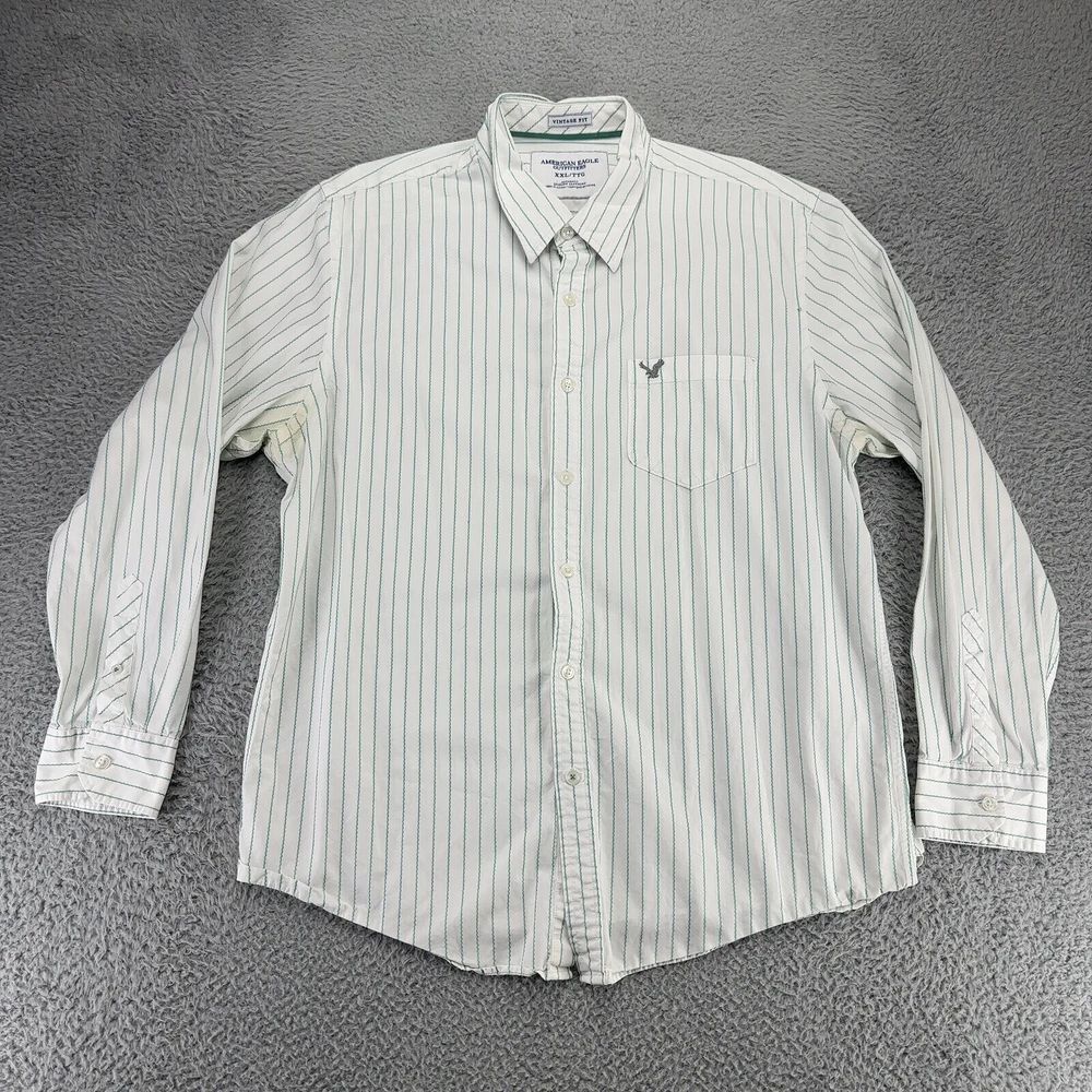 American Eagle Shirt Mens XXL White Vertical Striped Button Up Vintage Fit